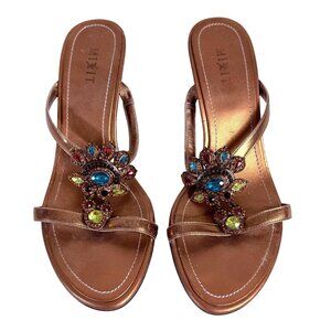 Bronze Strappy Sandals Peacock Rhinestone Accents Kitten Heels Size 8 By MixIt